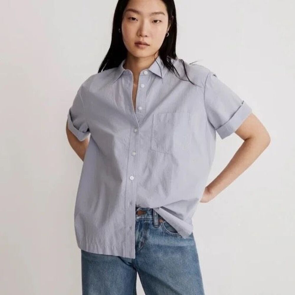 MADEWELL Women’s Periwinkle Signature Poplin Short Sleeve Button Down Shirt Size
